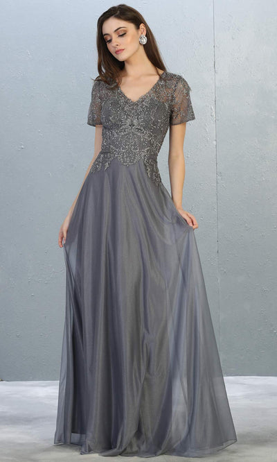 Mayqueen MQ1794 long charcoal grey v neck modest flowy dress w/ sleeves. Dark gray chiffon & lace top is perfect for  mother of the bride, formal wedding guest, indowestern gown, evening party dress, dark red muslim party dress. Plus sizes avail.jpg
