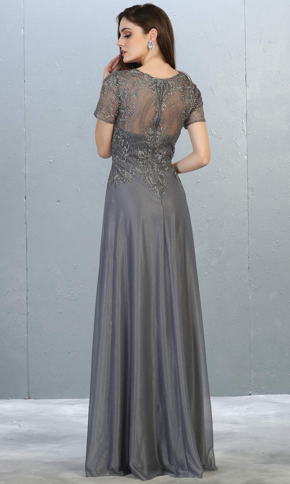 Mayqueen MQ1794 long charcoal grey v neck modest flowy dress w/ sleeves. Dark gray chiffon & lace top is perfect for  mother of the bride, formal wedding guest, indowestern gown, evening party dress, dark red muslim party dress. Plus sizes avail-back.jpg