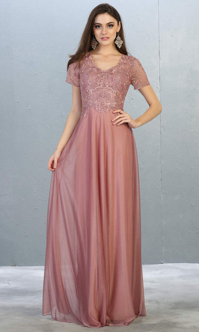 Mayqueen MQ1794 long mauve pink v neck modest flowy dress w/ sleeves. Light pink chiffon & lace top is perfect for  mother of the bride, formal wedding guest, indowestern gown, evening party dress, dark red muslim party dress. Plus sizes avail.jpg