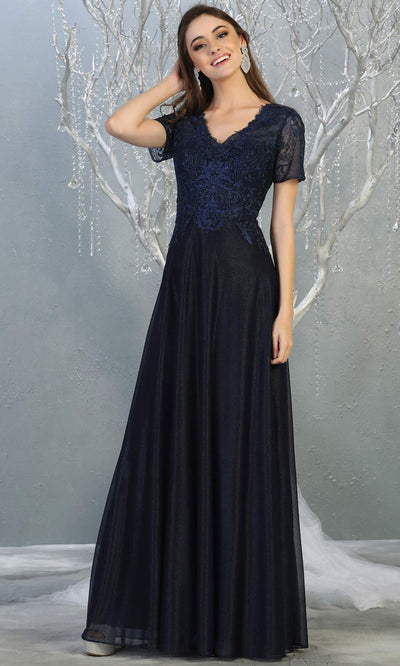 Mayqueen MQ1794 long navy blue v neck modest flowy dress w/ sleeves. Dark blue chiffon & lace top is perfect for  mother of the bride, formal wedding guest, indowestern gown, evening party dress, dark red muslim party dress. Plus sizes avail.jpg