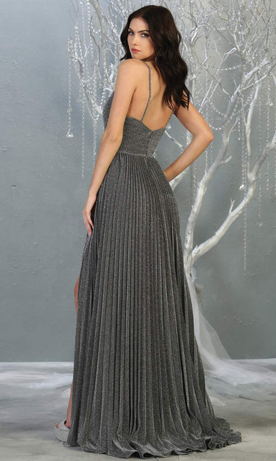 Mayqueen MQ1795 long dark grey v neck evening flowy dress w/ high slit. Full length gown w/ crinkle dress is perfect for  enagagement/e-shoot dress, formal wedding guest, indowestern gown, evening party dress, prom, bridesmaid. Plus sizes avail-back.jpg