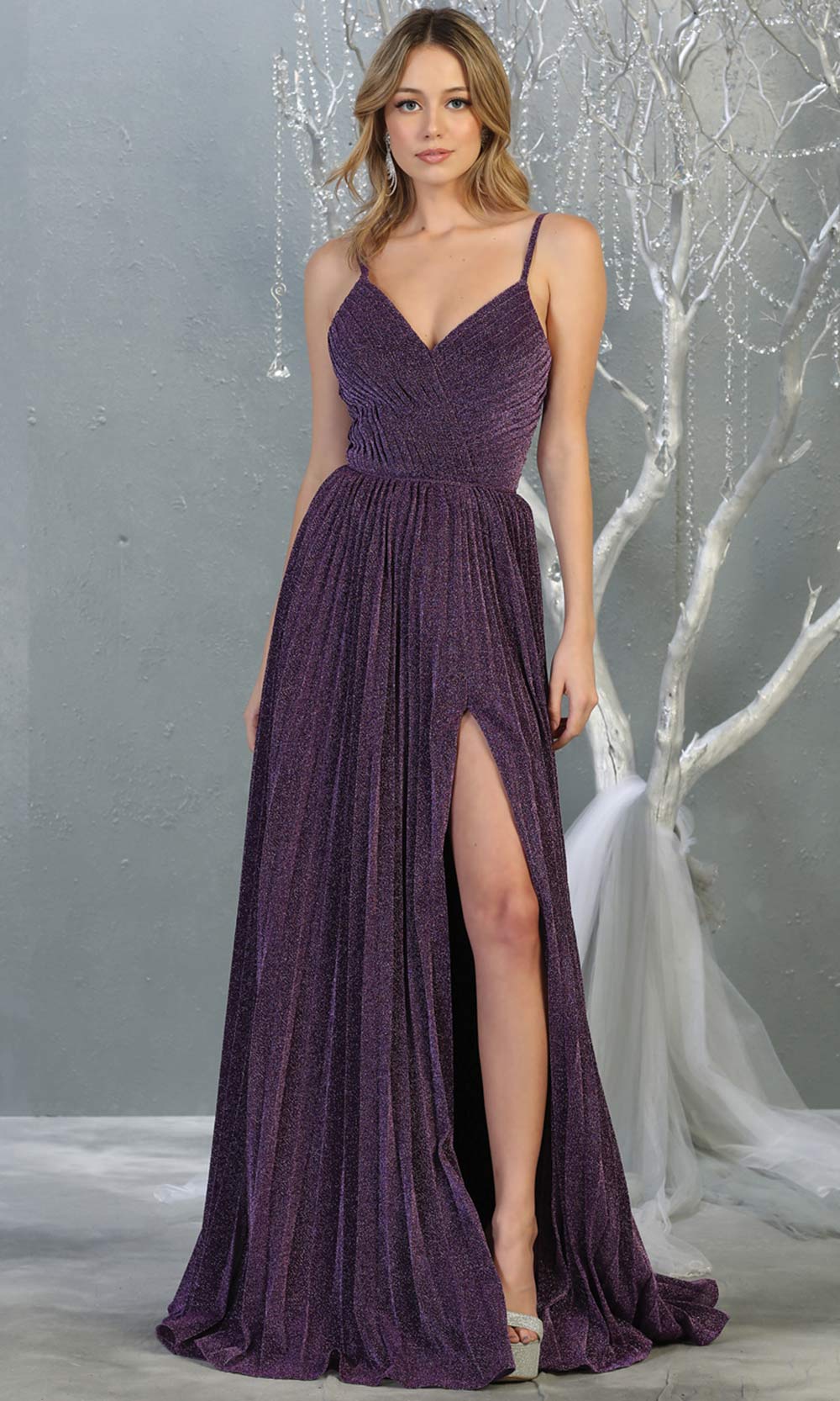 Mayqueen MQ1795 long eggplant v neck evening flowy dress w/ high slit. Full length gown w/ crinkle dress is perfect for  enagagement/e-shoot dress, formal wedding guest, indowestern gown, evening party dress, prom, bridesmaid. Plus sizes avail.jpg