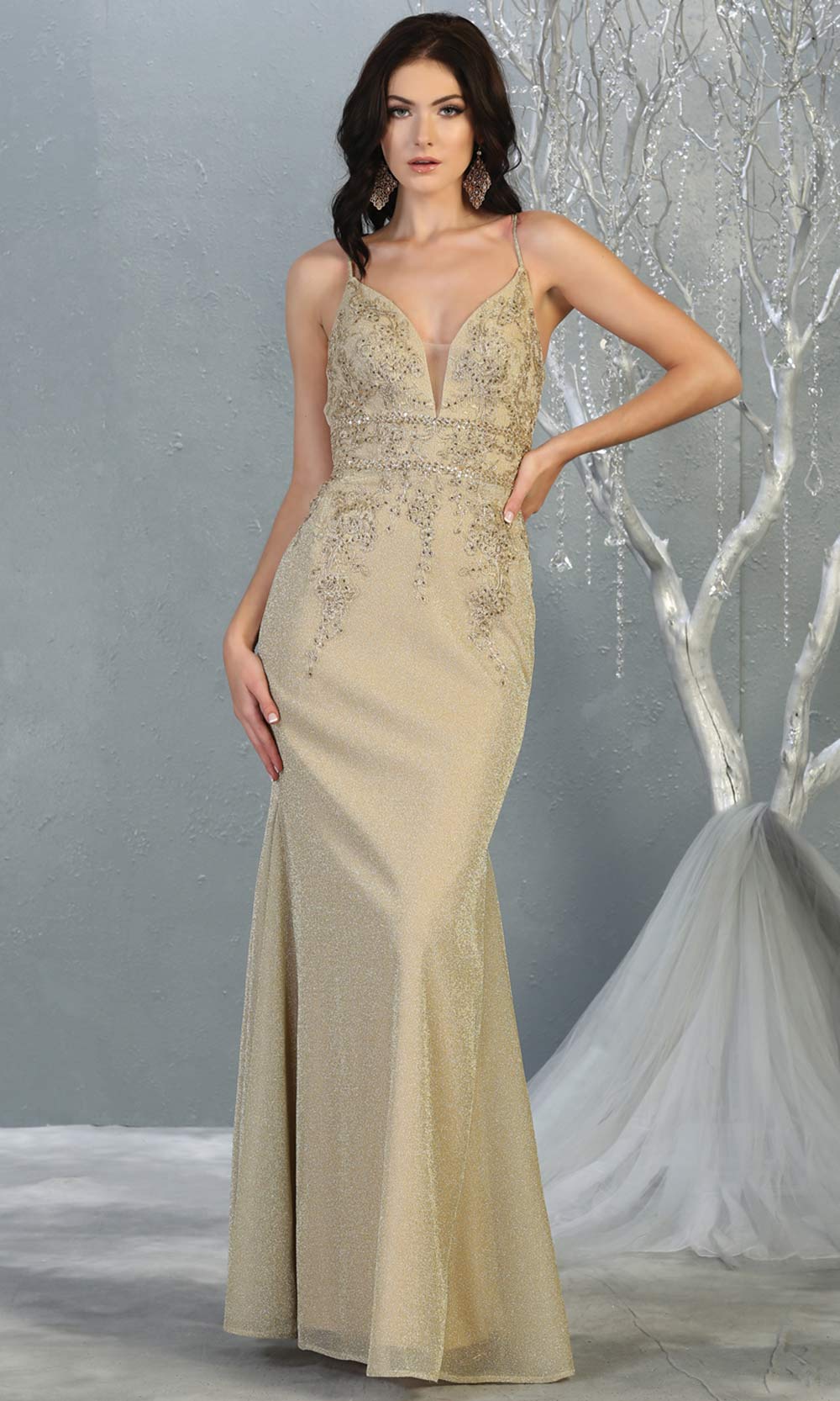 Mayqueen MQ1796 long champagne v neck evening fitted dress. Full length light gold glittery gown w/straps is perfect for  enagagement/e-shoot dress, formal wedding guest, indowestern gown, evening party dress, prom, bridesmaid. Plus sizes avail.jpg