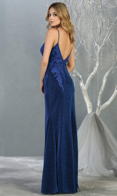 Mayqueen MQ1796 long royal blue v neck evening fitted dress. Full length dark blue glittery gown w/ low back is perfect for  enagagement/e-shoot dress, formal wedding guest, indowestern gown, evening party dress, prom, bridesmaid. Plus sizes avail-b.jpg