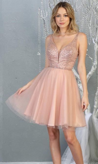 Mayqueen MQ1797 short blush pink sequin flowy vneck grade 8 graduation dress w/ straps & puffy skirt. Light pink party dress is perfect for prom, graduation, grade 8 grad, confirmation dress, bat mitzvah dress, damas. Plus sizes avail for grad dress.jpggrade 8 grad dresses, graduation dresses