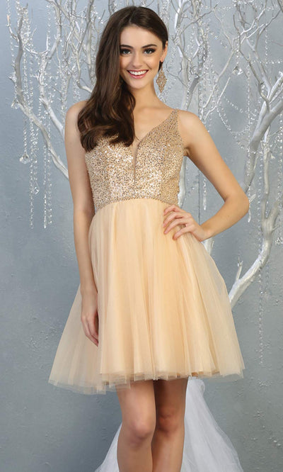 Mayqueen MQ1797 short champagne sequin flowy vneck grade 8 graduation dress w/ straps & puffy skirt. Light gold party dress is perfect for prom, graduation, grade 8 grad, confirmation dress, bat mitzvah dress, damas. Plus sizes avail for grad dress.jpggrade 8 grad dresses, graduation dresses