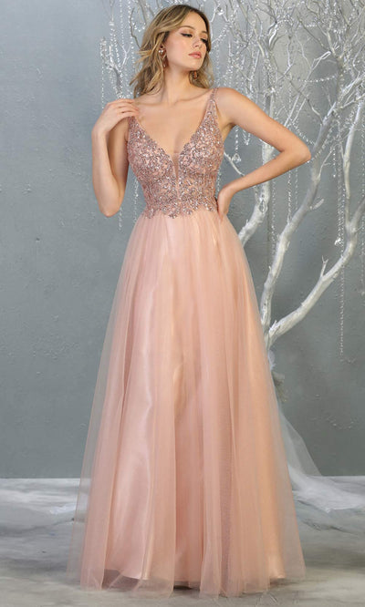 Mayqueen MQ1798 long blush pink v neck evening flowy tulle dress.Full length light pink beaded top w/wide straps is perfect for  enagagement/e-shoot dress, formal wedding guest, indowestern gown, evening party dress, prom, bridesmaid. Plus sizes avail.jpg