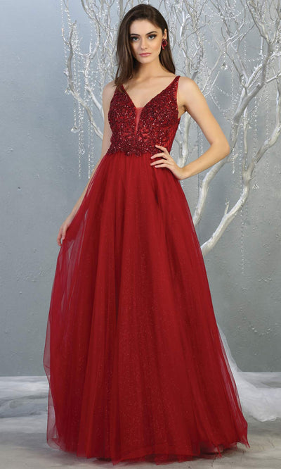 Mayqueen MQ1798 long burgund red v neck evening flowy tulle dress. Full length dark red beaded top w/wide straps is perfect for  enagagement/e-shoot dress, formal wedding guest, indowestern gown, evening party dress, prom, bridesmaid. Plus sizes avail.jpg