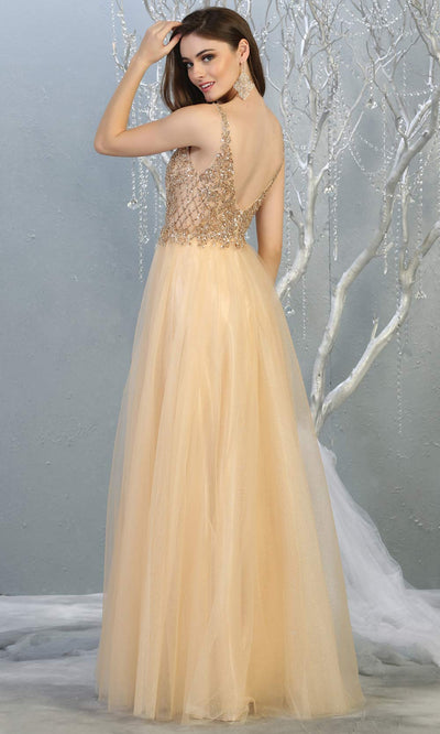 Mayqueen MQ1798 long champagne v neck evening flowy tulle dress. Full length light gold beaded top w/wide straps is perfect for  enagagement/e-shoot dress, formal wedding guest, indowestern gown, evening party dress,prom, bridesmaid.Plus sizes avail-b.jpg