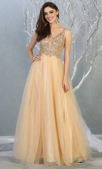 Mayqueen MQ1798 long champagne v neck evening flowy tulle dress. Full length light gold beaded top w/wide straps is perfect for  enagagement/e-shoot dress, formal wedding guest, indowestern gown, evening party dress, prom, bridesmaid. Plus sizes avail.jpg