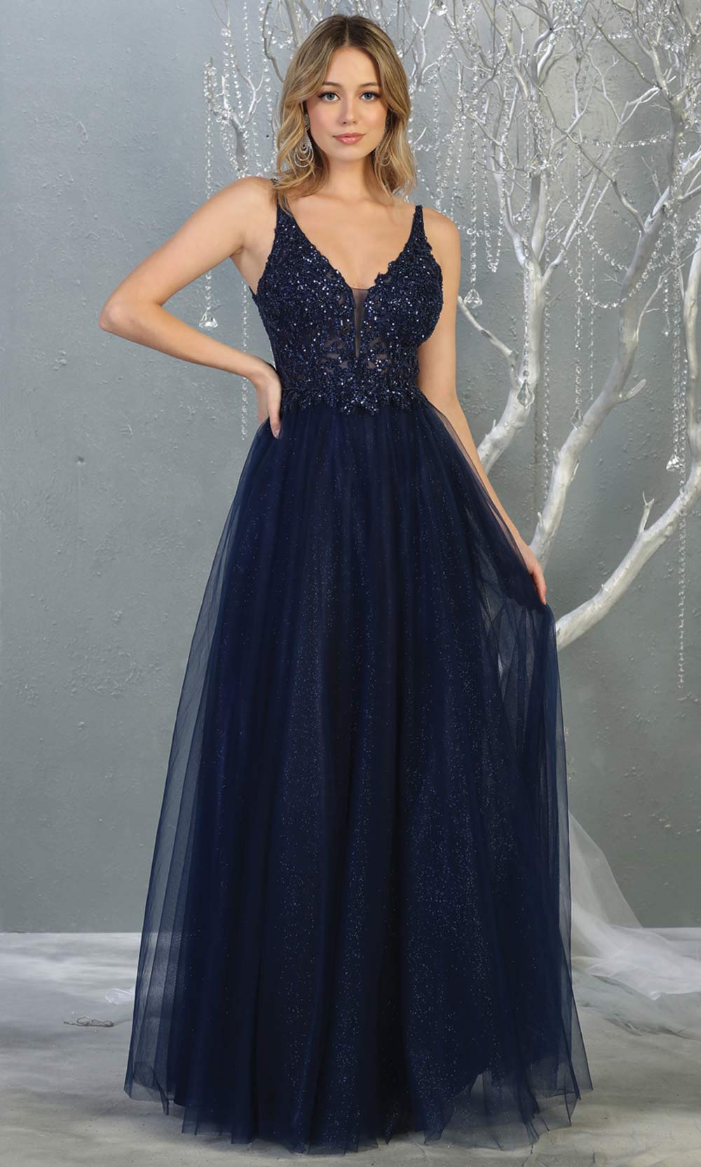 Mayqueen MQ1798 long navy blue v neck evening flowy tulle dress. Full length dark blue beaded top w/wide straps is perfect for  enagagement/e-shoot dress, formal wedding guest, indowestern gown, evening party dress, prom, bridesmaid. Plus sizes avail.jpg