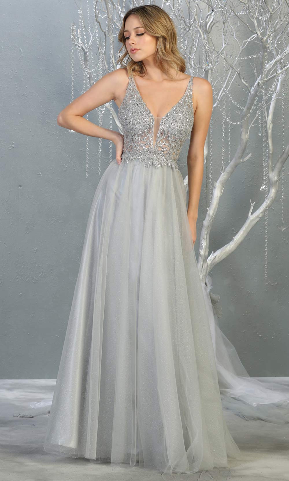 Mayqueen MQ1798 long silver v neck evening flowy tulle dress. Full length light gray beaded top w/wide straps is perfect for  enagagement/e-shoot dress, formal wedding guest, indowestern gown, evening party dress, prom, bridesmaid. Plus sizes avail.jpg