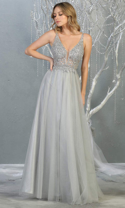 Mayqueen MQ1798 long silver v neck evening flowy tulle dress. Full length light gray beaded top w/wide straps is perfect for  enagagement/e-shoot dress, formal wedding guest, indowestern gown, evening party dress, prom, bridesmaid. Plus sizes avail.jpg