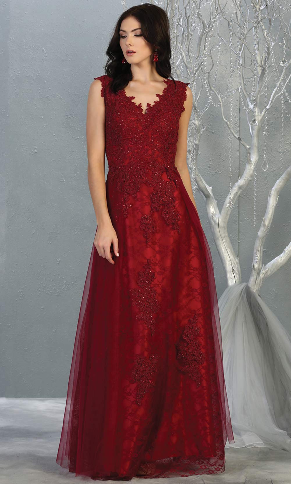 Mayqueen MQ1799 long burgundy red v neck evening fitted dress. Full length dark red lace gown w/skirt overlay is perfect for  enagagement/e-shoot dress, formal wedding guest, indowestern gown, evening party dress, prom, bridesmaid. Plus sizes avail.jpg