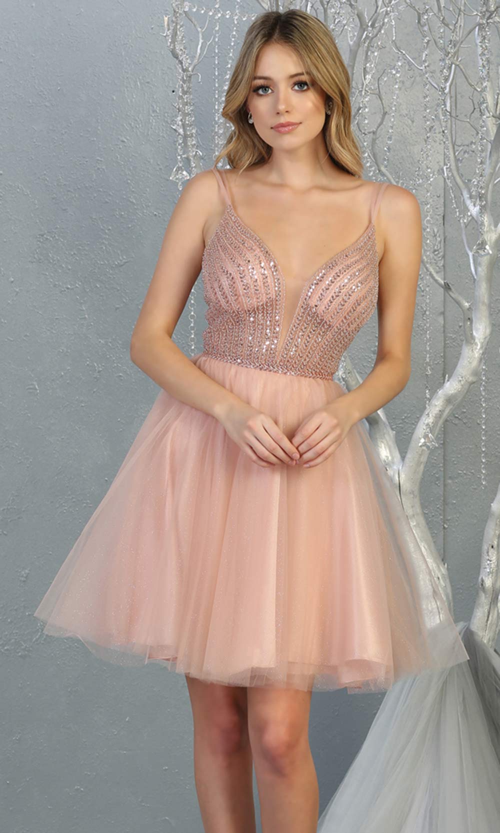 Mayqueen MQ1800 short blush pink sequin flowy vneck grade 8 graduation dress w/ straps & puffy skirt. Light pink party dress is perfect for prom, graduation, grade 8 grad, confirmation dress, bat mitzvah dress, damas. Plus sizes avail for grad dress.jpggrade 8 grad dresses, graduation dresses