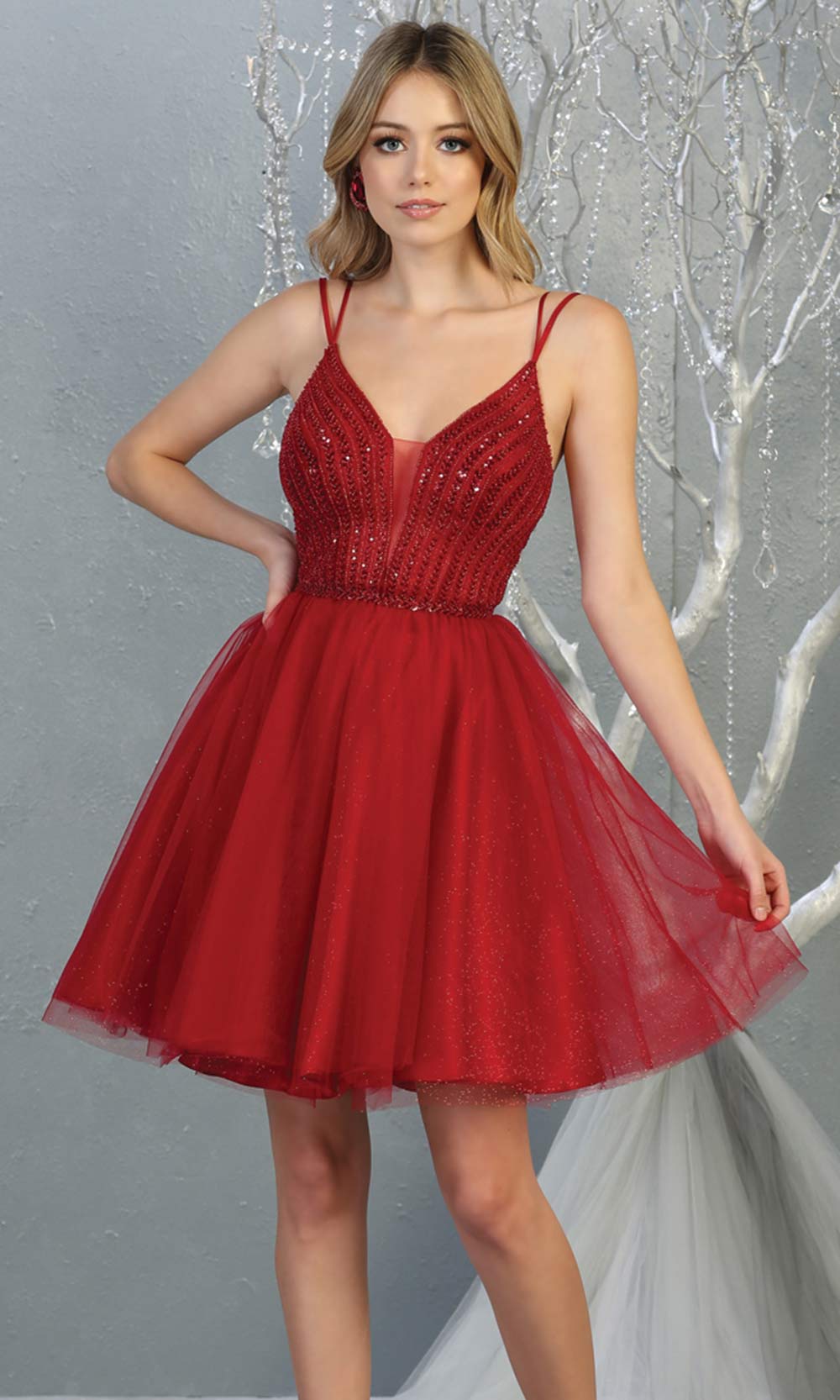 Mayqueen MQ1800 short burgundy red sequin flowy vneck grade 8 graduation dress w/ straps & puffy skirt. Dark red party dress is perfect for prom, graduation, grade 8 grad, confirmation dress, bat mitzvah dress, damas. Plus sizes avail for grad dress.jpggrade 8 grad dresses, graduation dresses