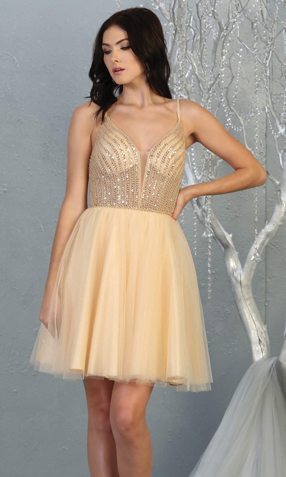 Mayqueen MQ1800 short champagne sequin flowy vneck grade 8 graduation dress w/ straps & puffy skirt. Light gold party dress is perfect for prom, graduation, grade 8 grad, confirmation dress, bat mitzvah dress, damas. Plus sizes avail for grad dress.jpggrade 8 grad dresses, graduation dresses