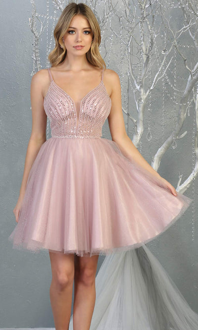 Mayqueen MQ1800 short mauve sequin flowy vneck grade 8 graduation dress w/ straps & puffy skirt. Dusty rose party dress is perfect for prom, graduation, grade 8 grad, confirmation dress, bat mitzvah dress, damas. Plus sizes avail for grad dress.jpggrade 8 grad dresses, graduation dresses