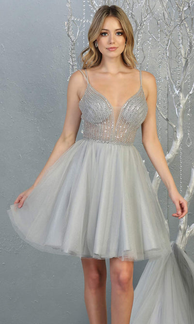 Mayqueen MQ1800 short silver grey sequin flowy vneck grade 8 graduation dress w/ straps & puffy skirt. Light gray party dress is perfect for prom, graduation, grade 8 grad, confirmation dress, bat mitzvah dress, damas. Plus sizes avail for grad dress.jpggrade 8 grad dresses, graduation dresses