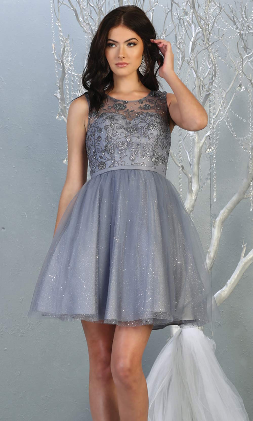 Mayqueen MQ1803 short dusty blue sequin flowy high neck grade 8 graduation dress w/puffy skirt. Dusty blue party dress is perfect for prom, graduation, grade 8 grad, confirmation dress, bat mitzvah dress, damas. Plus sizes avail for grad dress.jpggrade 8 grad dresses, graduation dresses