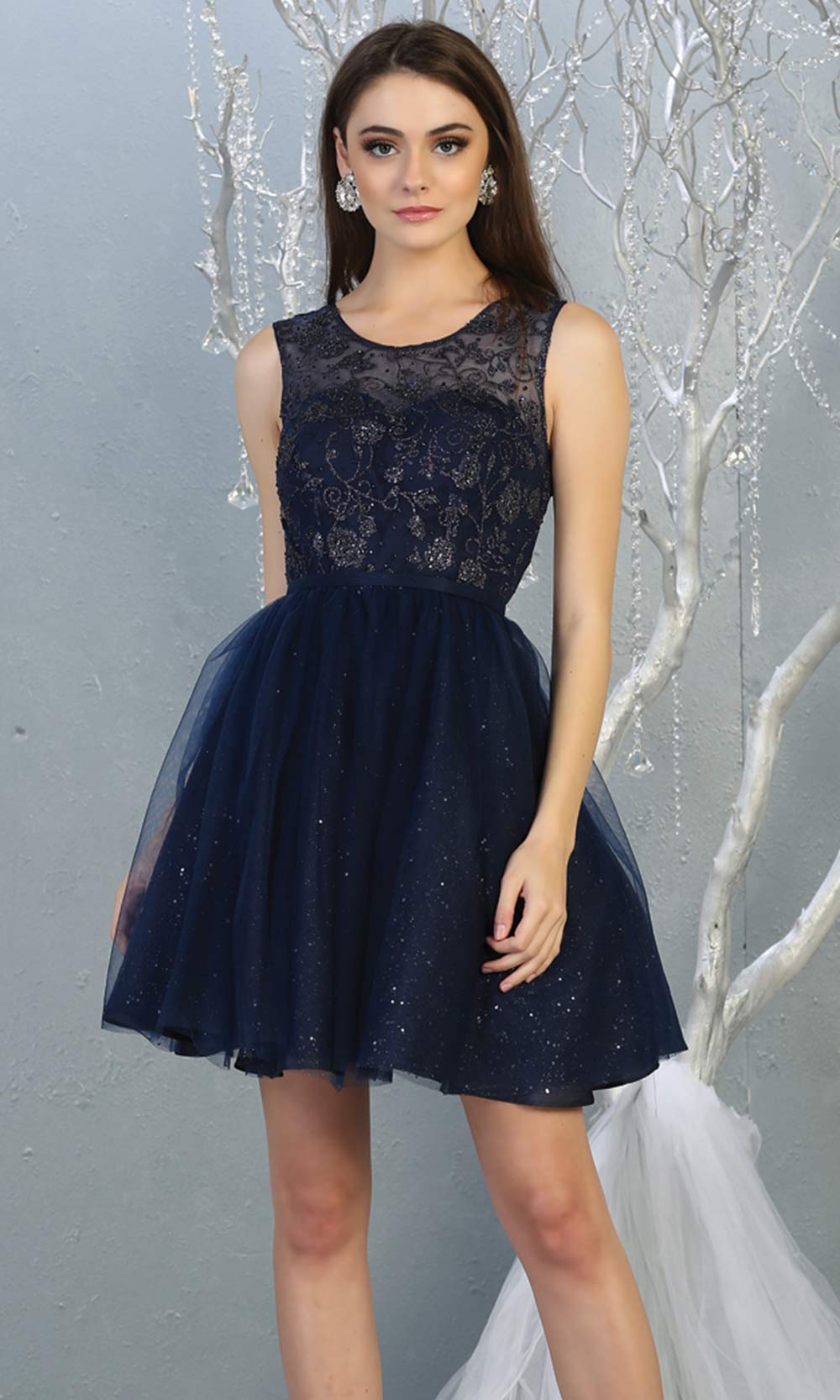 Mayqueen MQ1803 short navy blue sequin flowy high neck grade 8 graduation dress w/puffy skirt. Dark blue party dress is perfect for prom, graduation, grade 8 grad, confirmation dress, bat mitzvah dress, damas. Plus sizes avail for grad dress.jpggrade 8 grad dresses, graduation dresses