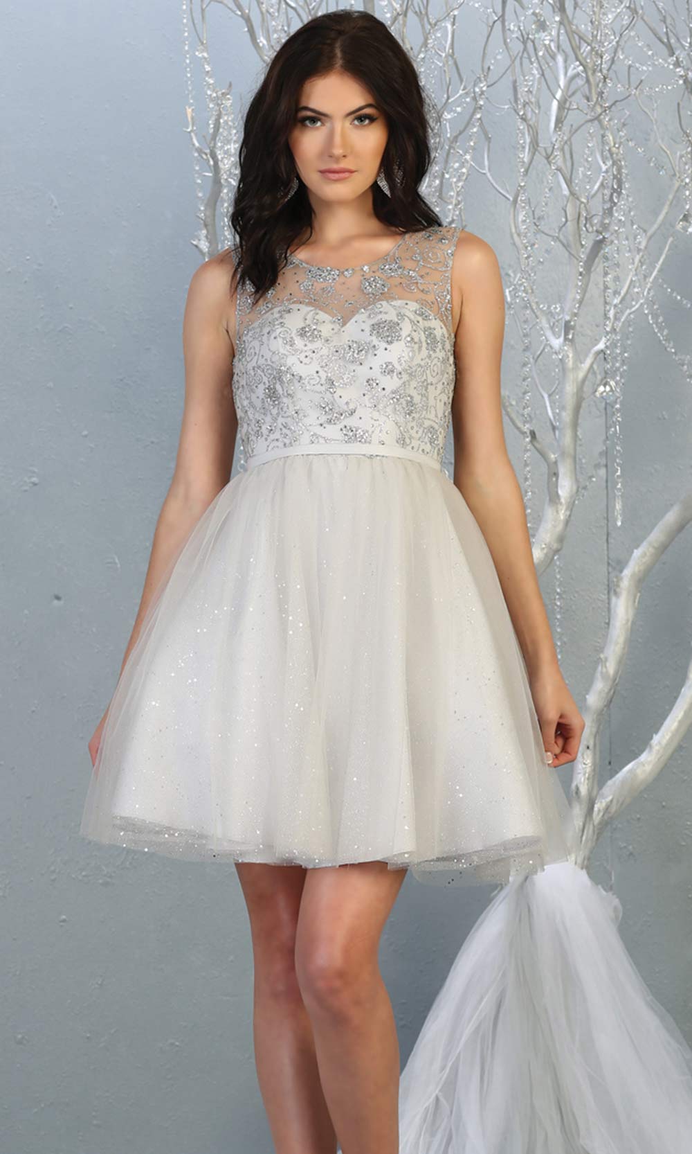 Mayqueen MQ1803 short silver grey sequin flowy high neck grade 8 graduation dress w/puffy skirt. Light gray party dress is perfect for prom, graduation, grade 8 grad, confirmation dress, bat mitzvah dress, damas. Plus sizes avail for grad dress.jpggrade 8 grad dresses, graduation dresses