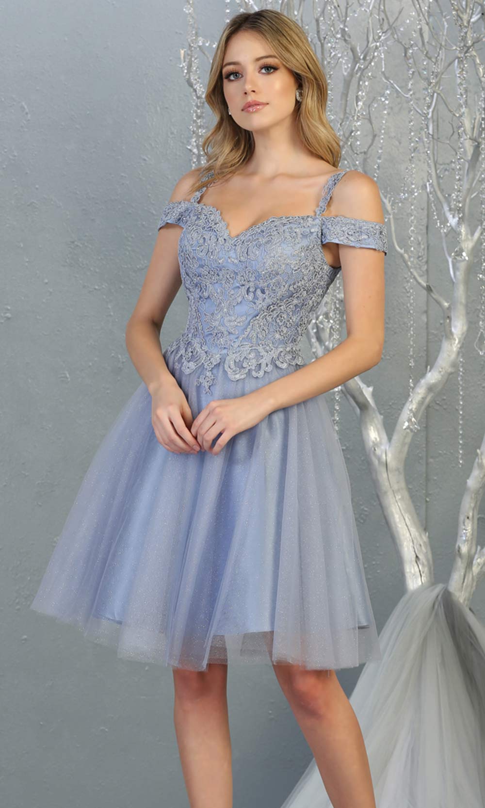 Mayqueen MQ1809 short dusty blue off shoulder, flowy grade 8 graduation dress w/puffy skirt. Dusty blue party dress is perfect for prom, graduation, grade 8 grad, confirmation dress, bat mitzvah dress, damas. Plus sizes avail for grad dress.jpggrade 8 grad dresses, graduation dresses