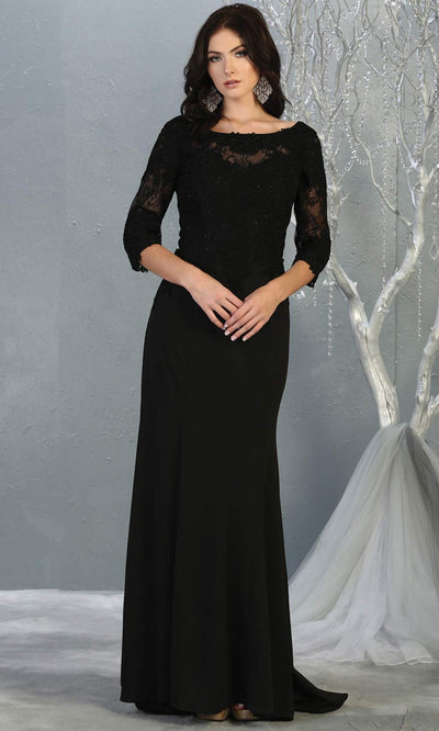Mayqueen MQ1810 long black modest flowy dress w/ long sleeves. Black chiffon & lace top is perfect for  mother of the bride, formal wedding guest, indowestern gown, evening party dress, dark red muslim party dress. Plus sizes avail.jpg