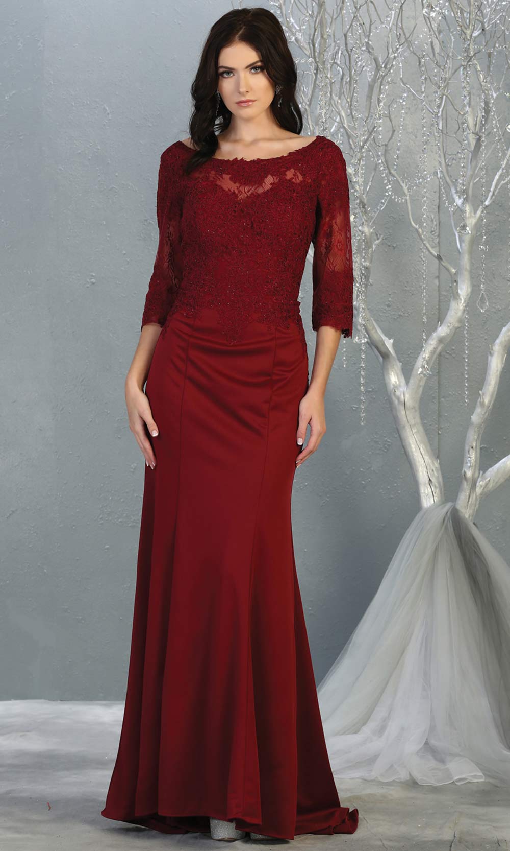 Mayqueen MQ1810 long burgundy red modest flowy dress w/ long sleeves. Dark red chiffon & lace top is perfect for  mother of the bride, formal wedding guest, indowestern gown, evening party dress, dark red muslim party dress. Plus sizes avail.jpg