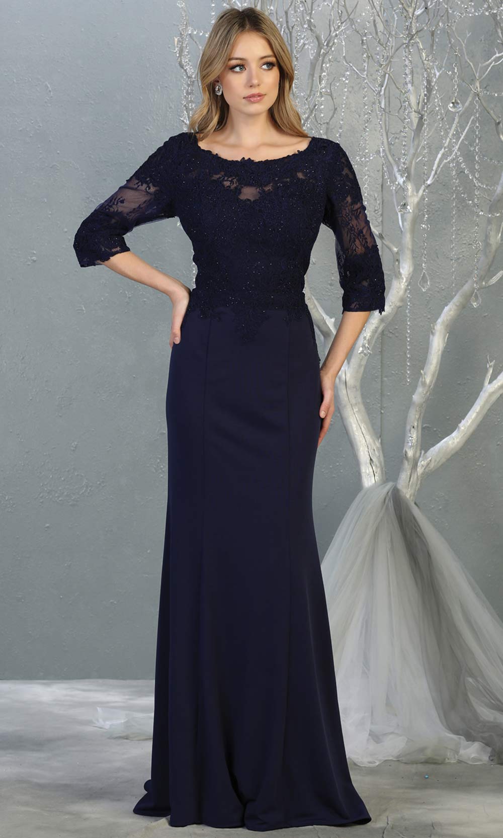Mayqueen MQ1810 long navy blue modest flowy dress w/ long sleeves. Dark blue chiffon & lace top is perfect for  mother of the bride, formal wedding guest, indowestern gown, evening party dress, dark red muslim party dress. Plus sizes avail.jpg
