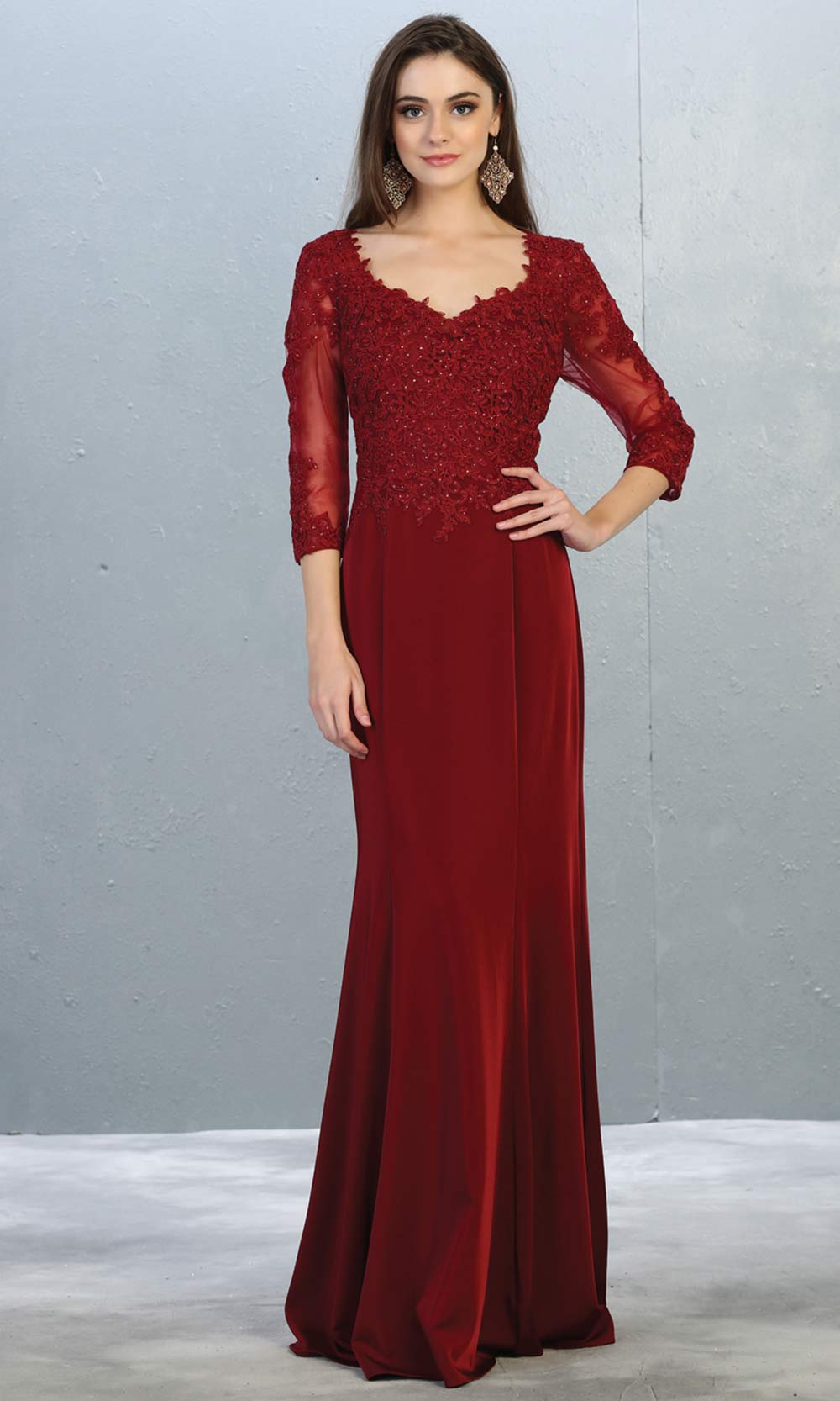 Mayqueen MQ1811 long burgundy red modest flowy dress w/ long sleeves. Dark red chiffon & lace top is perfect for  mother of the bride, formal wedding guest, indowestern gown, evening party dress, dark red muslim party dress. Plus sizes avail.jpg