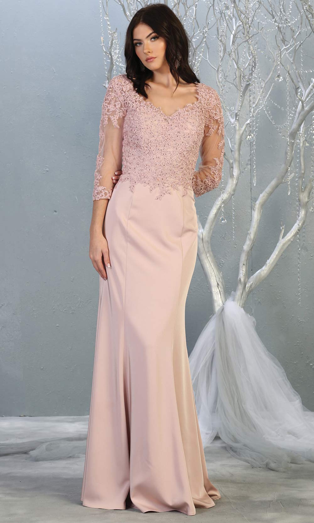 Mayqueen MQ1811 long dusty rose modest flowy dress w/ long sleeves. Light pink chiffon & lace top is perfect for  mother of the bride, formal wedding guest, indowestern gown, evening party dress, dark red muslim party dress. Plus sizes avail.jpg