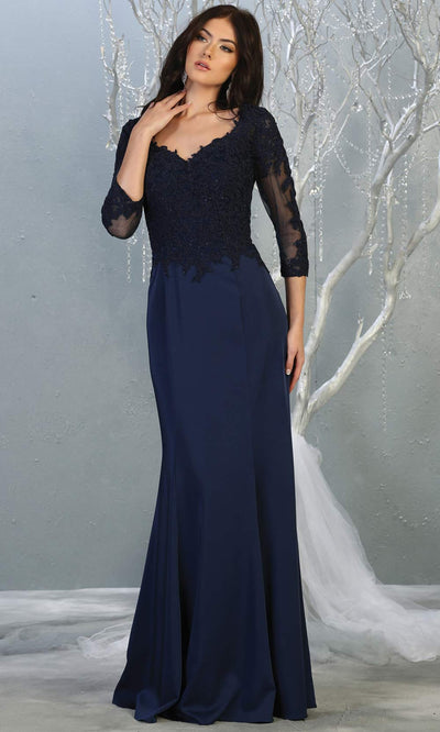 Mayqueen MQ1811 long navy blue modest flowy dress w/ long sleeves. Dark blue chiffon & lace top is perfect for  mother of the bride, formal wedding guest, indowestern gown, evening party dress, dark red muslim party dress. Plus sizes avail.jpg
