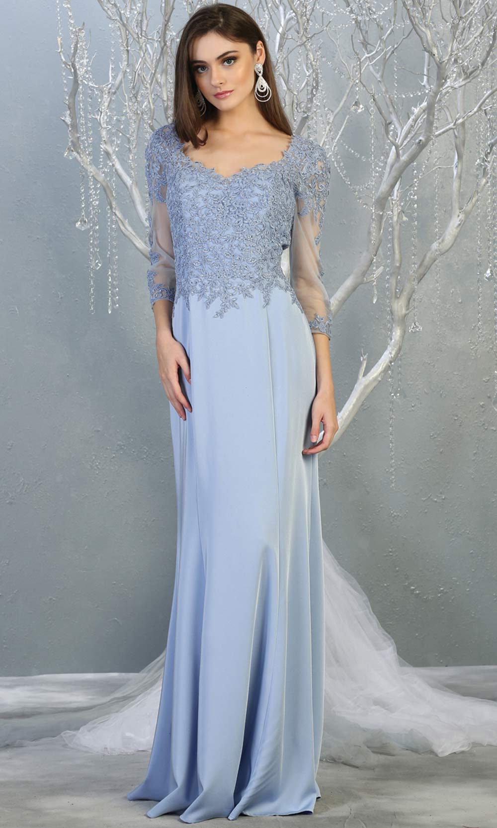 Mayqueen MQ1811 long perry blue modest flowy dress w/ long sleeves. Light blue chiffon & lace top is perfect for  mother of the bride, formal wedding guest, indowestern gown, evening party dress, dark red muslim party dress. Plus sizes avail.jpg