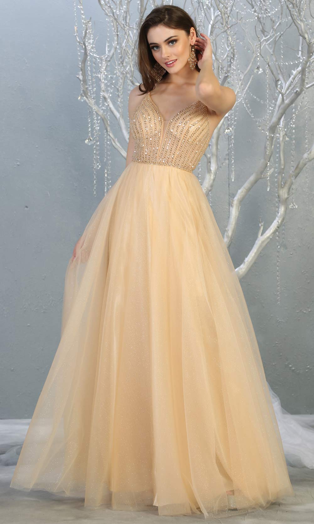 Mayqueen MQ1812 long champagne v neck evening flowy tulle dress. Full length light gold beaded top w/wide straps is perfect for  enagagement/e-shoot dress, formal wedding guest, indowestern gown, evening party dress, prom, bridesmaid. Plus sizes avail.jpg