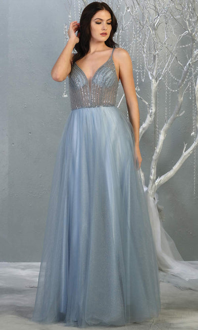 Mayqueen MQ1812 long dusty blue v neck evening flowy tulle dress.Full length dusty blue beaded top w/wide straps is perfect for  enagagement/e-shoot dress, formal wedding guest, indowestern gown, evening party dress, prom, bridesmaid. Plus sizes avail.jpg