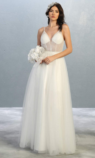 Mayqueen MQ1812 long ivory v neck evening flowy tulle dress.Full length ivory beaded top w/wide straps is perfect for  enagagement/e-shoot dress, simple wedding dress, second wedding bridal gown, court/civil wedding, destination wedd. Plus sizes avail.jpg