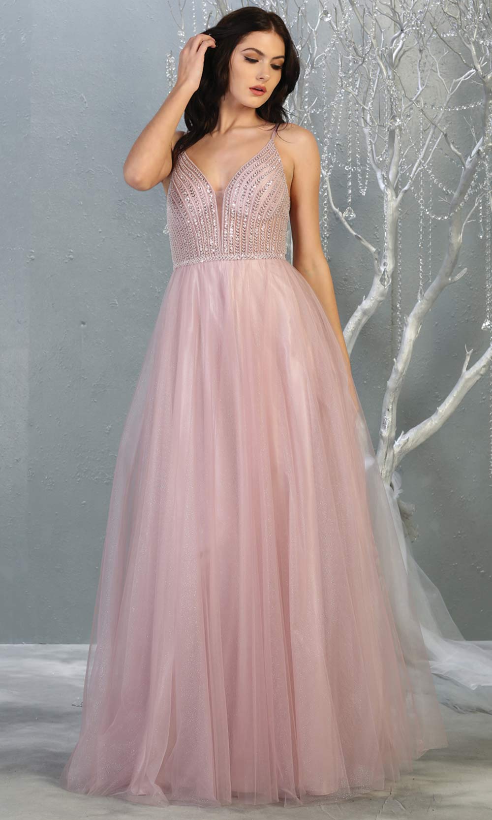 Mayqueen MQ1812 long mauve pink v neck evening flowy tulle dress.Full length dusty rose beaded top w/wide straps is perfect for  enagagement/e-shoot dress, formal wedding guest, indowestern gown, evening party dress, prom, bridesmaid. Plus sizes avail.jpg