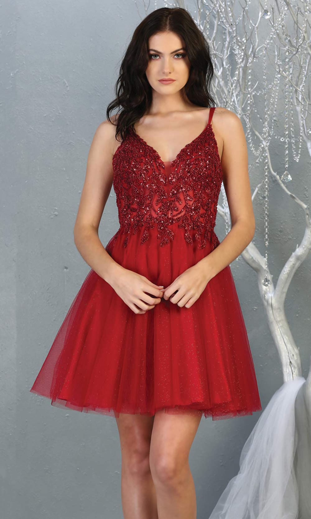 Mayqueen MQ1813 short burgundy red sequin flowy vneck grade 8 graduation dress w/ straps & puffy skirt. Dark red party dress is perfect for prom, graduation, grade 8 grad, confirmation dress, bat mitzvah dress, damas. Plus sizes avail for grad dress.jpggrade 8 grad dresses, graduation dresses
