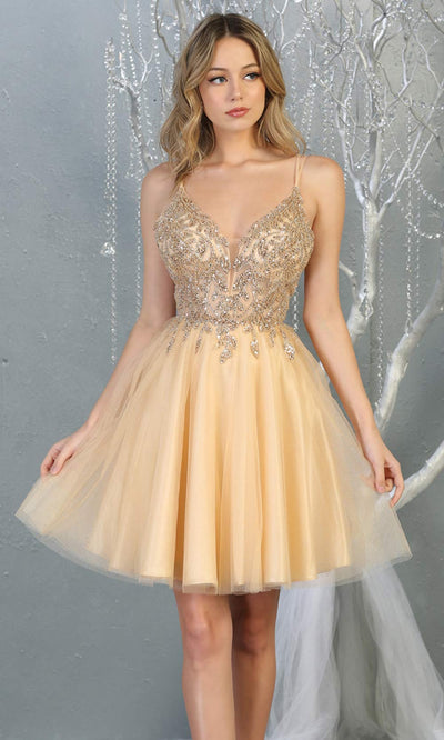 Mayqueen MQ1813 short champagne sequin flowy vneck grade 8 graduation dress w/ straps & puffy skirt. Light gold party dress is perfect for prom, graduation, grade 8 grad, confirmation dress, bat mitzvah dress, damas. Plus sizes avail for grad dress.jpggrade 8 grad dresses, graduation dresses