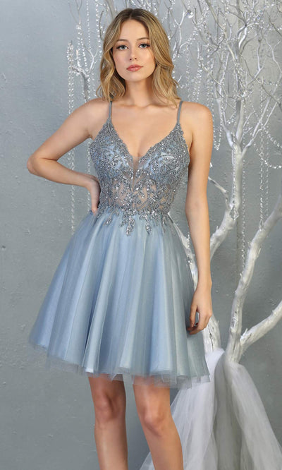 Mayqueen MQ1813 short dusty blue sequin flowy vneck grade 8 graduation dress w/ straps & puffy skirt. Dusty blue party dress is perfect for prom, graduation, grade 8 grad, confirmation dress, bat mitzvah dress, damas. Plus sizes avail for grad dress.jpggrade 8 grad dresses, graduation dresses