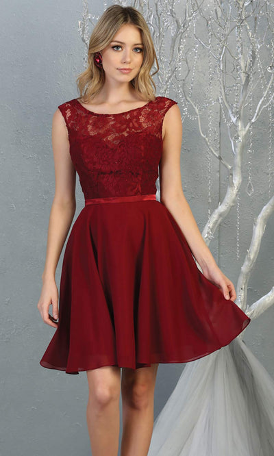 Mayqueen MQ1814 short burgundy red high neck flowy grade 8 graduation dress w/ corset & simple skirt. Dark red party dress is perfect for prom, graduation, grade 8 grad, confirmation dress, bat mitzvah dress, damas. Plus sizes avail for grad dress.jpg