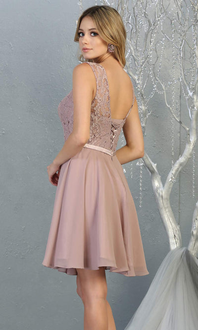 Mayqueen MQ1814 short mauve pink high neck flowy grade 8 graduation dress w/ corset & simple skirt. Dusty rose party dress is perfect for prom, graduation, grade 8 grad, confirmation dress, bat mitzvah dress, damas. Plus sizes avail for grad dress-b.jpggrade 8 grad dresses, graduation dresses