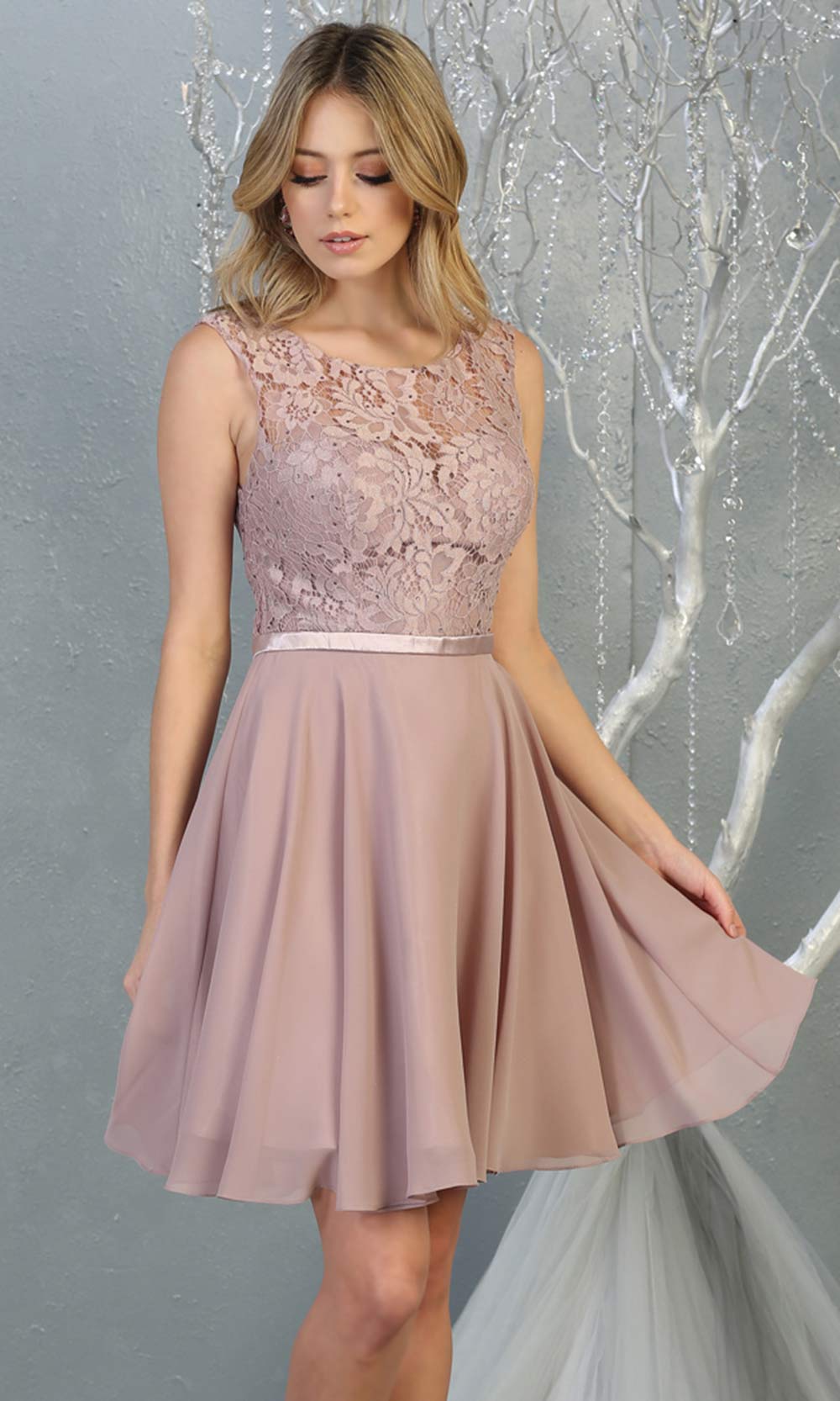 Mayqueen MQ1814 short mauve pink high neck flowy grade 8 graduation dress w/ corset & simple skirt. Dusty rose party dress is perfect for prom, graduation, grade 8 grad, confirmation dress, bat mitzvah dress, damas. Plus sizes avail for grad dress.jpggrade 8 grad dresses, graduation dresses
