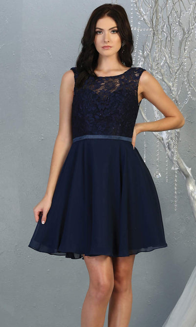 Mayqueen MQ1814 short navy blue high neck flowy grade 8 graduation dress w/ corset & simple skirt. Dark blue party dress is perfect for prom, graduation, grade 8 grad, confirmation dress, bat mitzvah dress, damas. Plus sizes avail for grad dress1.jpg