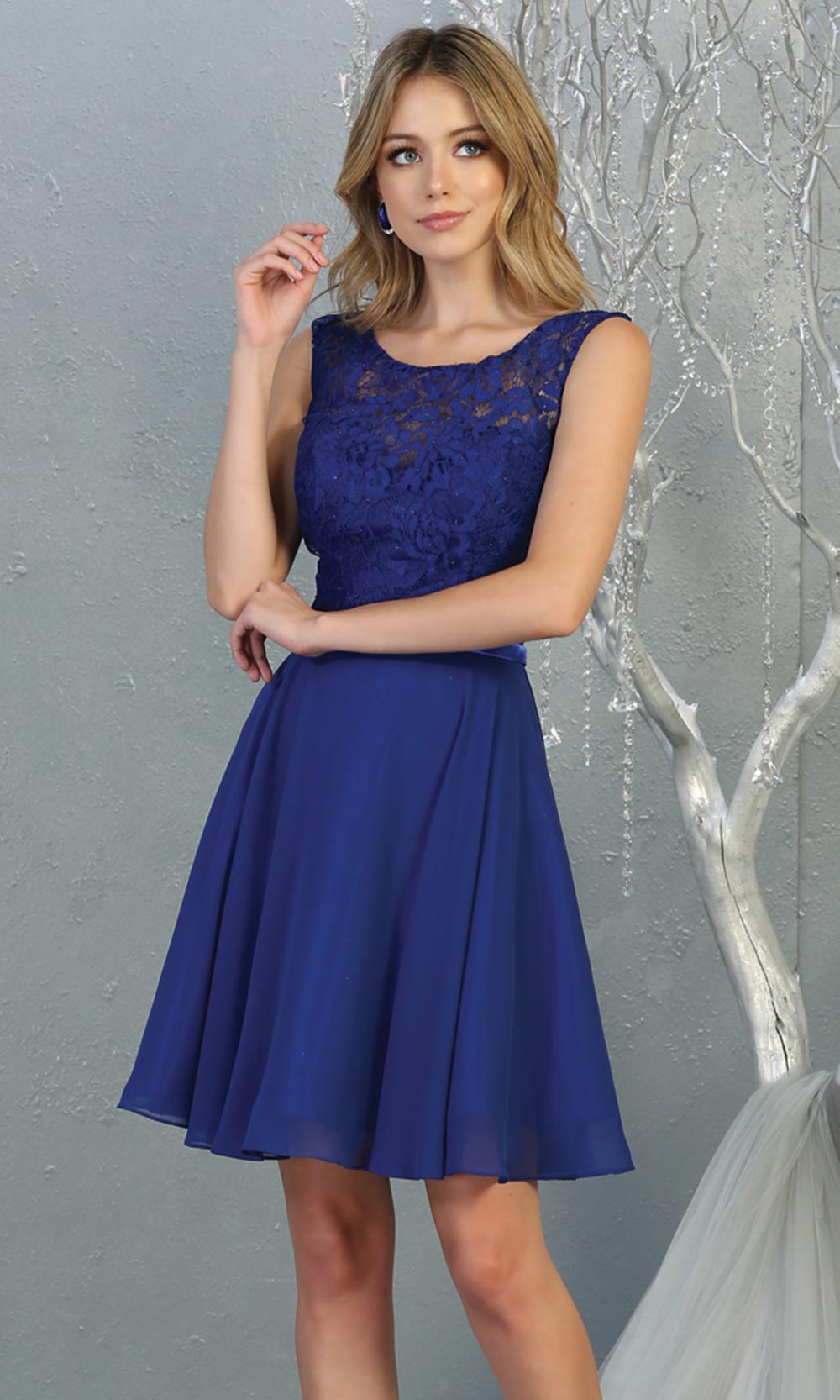 Mayqueen MQ1814 short royal blue high neck flowy grade 8 graduation dress w/ corset & simple skirt. Royal blue party dress is perfect for prom, graduation, grade 8 grad, confirmation dress, bat mitzvah dress, damas. Plus sizes avail for grad dress.jpggrade 8 grad dresses, graduation dresses