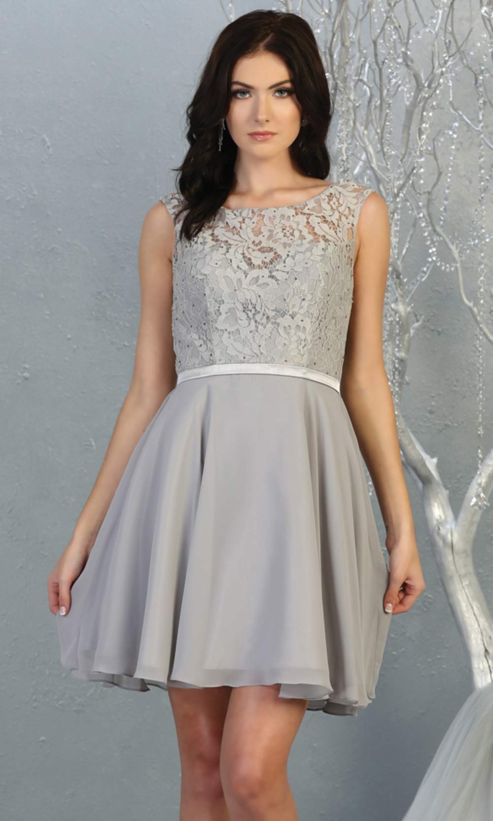 Mayqueen MQ1814 short silver gray high neck flowy grade 8 graduation dress w/ corset & simple skirt. Light Grey party dress is perfect for prom, graduation, grade 8 grad, confirmation dress, bat mitzvah dress, damas. Plus sizes avail for grad dress.jpggrade 8 grad dresses, graduation dresses