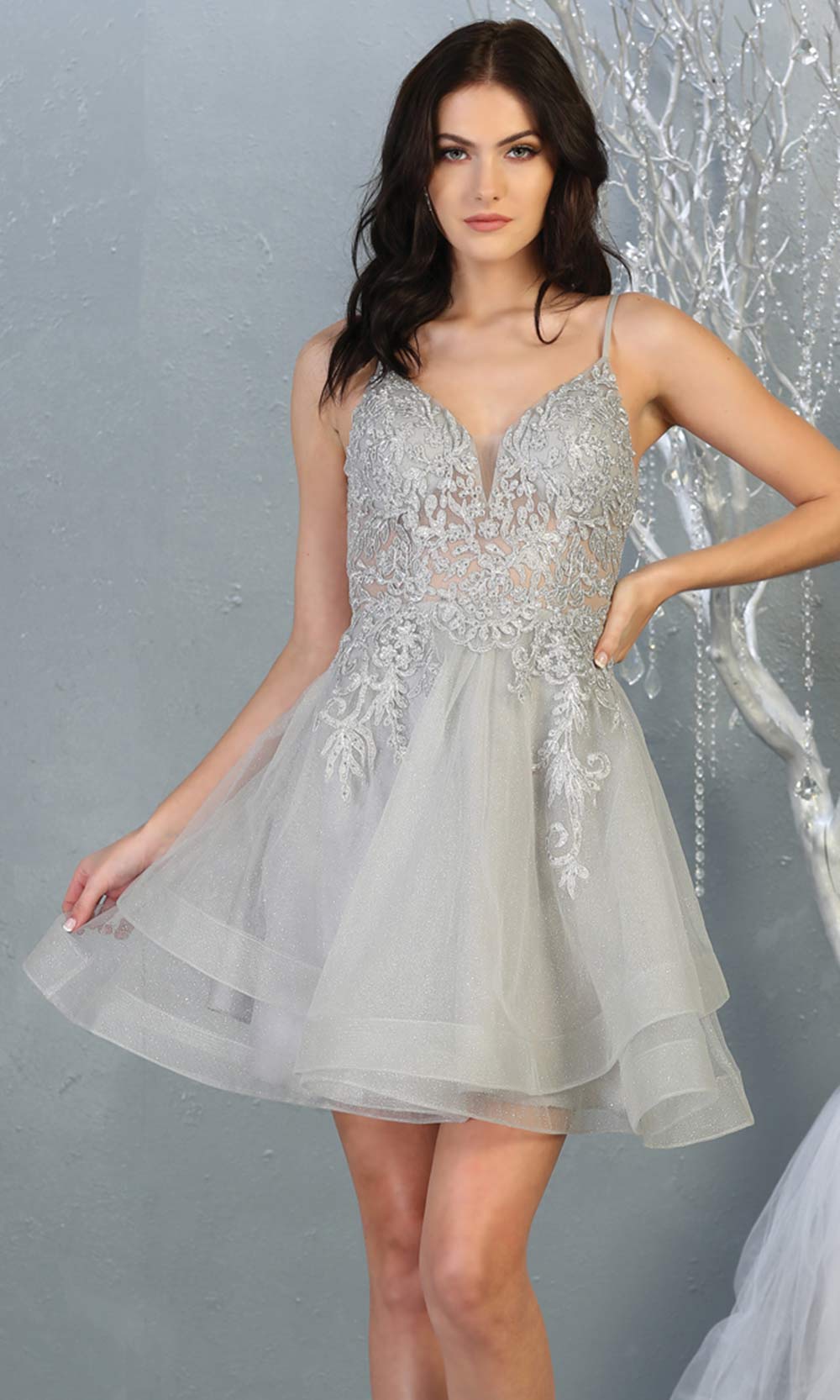 Mayqueen MQ1816 short silver gray v neck flowy grade 8 graduation dress w/beaded top & puffy skirt. Light grey party dress is perfect for prom, graduation, grade 8 grad, confirmation dress, bat mitzvah dress, damas. Plus sizes avail for grad dress.jpggrade 8 grad dresses, graduation dresses