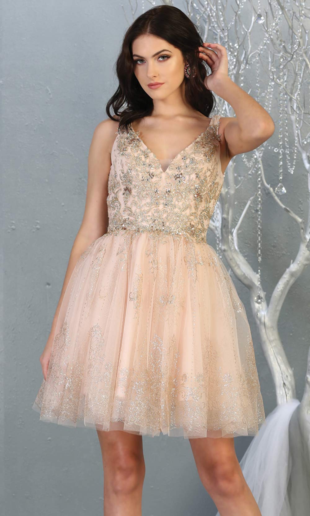 Mayqueen MQ1817 short blush pink v neck flowy grade 8 graduation dress w/beaded top & puffy skirt. Light pink party dress is perfect for prom, graduation, grade 8 grad, confirmation dress, bat mitzvah dress, damas. Plus sizes avail for grad dress.jpggrade 8 grad dresses, graduation dresses