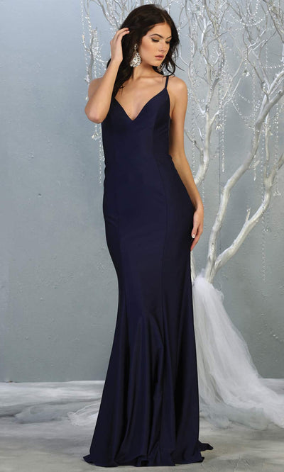 Mayqueen MQ1819 long navy blue sexy fitted prom dress w/open back. Full length dark blue gown is perfect for enagagement/e-shoot dress, wedding reception dress, indowestern gown, formal evening party dress, prom. Plus sizes avail.jpg